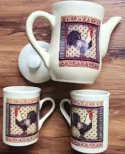 Vintage ~ 4 Piece ~ Bay Island Inc. ~ ROOSTER Ceramic Teapot and Two (2) Cup Set
