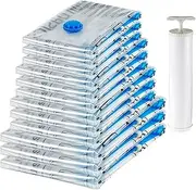 Amazon Basics Reusable Vacuum Compression Storage Bags with Free Hand Pump - Multiple 12-Pack (3 Jumbo, 3 Large, 3 Medium, 3 Small) - Best for Travel Packing