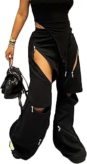[Tbahhir] Wide Leg Sweatpants for Women High Waisted Baggy Lounge Pants Zipper Ripped Drawstring Athletic Flared Joggers
