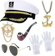 6 Pieces Yacht Captain Hat Costume Accessories Set, Include Adjustable Costume Hat, Pilot Sunglasses, 2x Vintage Anchor Badge Sailor Accessories, 1x toy pipe and Gloves