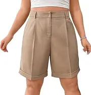 [Generic] Bermuda Shorts for Women Summer Shorts Casual Elastic Waist Wide Leg Short with Pockets & Belts
