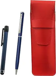 Slim Cowhide Leather Pen Case Red Metal Touch Stick Blue and Slim Swivel Ballpoint Pen Set Blue ASR-ALL-PD04-L