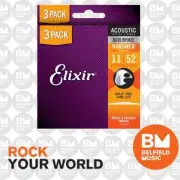 3 Pack Elixir 16538 Acoustic Guitar Strings Nanoweb CustLight 11-52 80/20 Bronze