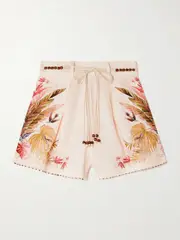 [Zimmermann] Zimmermann - Ascension Belted Bead-embellished Floral-print Linen Shorts - Cream - 1 1 Cream