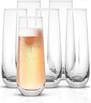 IBSales | Set of 6 Elegant Stemless Champagne Flutes – 9.4oz Mimosa, Cocktail, and Champagne Glasses – Premium Crystal Barware