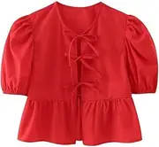 [Generic] Women Bow Tie Up Front Shirt Blouse Peplum Tops Half Puff Sleeve Babydoll Coquette Going Out Clothes