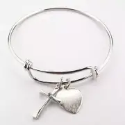 New NWT Christian Clear Crystal Cross Brushed Silver Metal Heart Charm Bangle