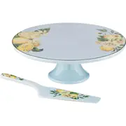 Ashdene Citrus Blooms New Bone China Footed Cake Stand & Server Set Blue/Lemon