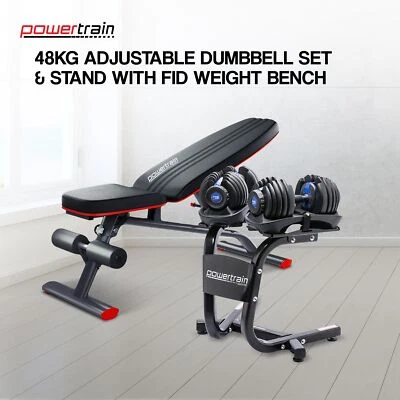 Powertrain 48KG Adjustable Dumbbell Set (Blue) & Stand with FID Weight Bench
