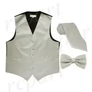 New Men's silver formal vest Tuxedo Waistcoat_necktie & bowtie set party