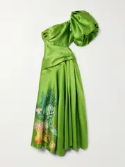 [ALÉMAIS] ALÉMAIS - + Sam Pauletto Aquatica One-shoulder Gathered Printed Recycled Satin-twill Dress - Green - US12 US 12 Green