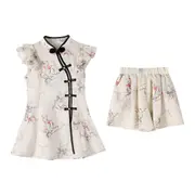 Girls Suit Cheongsam Shorts Set National Style Two-Piece for Older Children