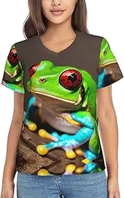 [CADREWY] Red Eyes Tree Frogs Print Women Classic V Neck T Shirt Soft Stretchy And Stylish Sleeve Tee For Casual Office