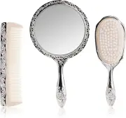 3 Pc Silver Chrome Girls Vanity Set Comb Brush Mirror.