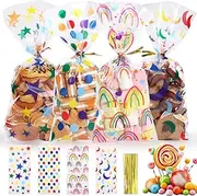 WD&CD 100PCS Candy Bags, 4 Patterns Transparent Plastic Candy Cookie Bags, Treat Bags with Twist Ties for Birthday Wedding Party Favors Supplies Goodie