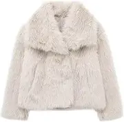 [Haellun] Women's Faux Fur Coat Long Sleeve Fluffy Jacket Open Front Furry Winter Shaggy Short Coat Outwear Coat