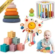 4-in-1 Montessori Baby Toys, Pull String Teether, Stacking Blocks, Sensory Bin