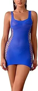 [Generic] Women’s Sexy Fishnet Bodysuit Lingerie Bodycon Dress Scoop Neck Hollow out Mesh Babydoll Mini Dress