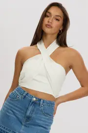White Halter Crop Top Linen Blend - Size 14L, Women's Top