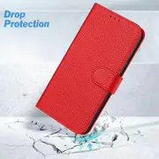 For iphone 13 pro Case, Litchi Grain PU Leather Folio Cover Magnetic Closure Flip Wallet Card Slots Stand Case With Hand Strap,Brown - Red