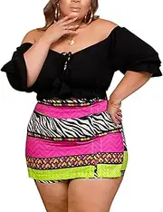 [Dmoled] Women Plus Size Skirt Two Piece Outfit Short Sleeve Off The Shoulder Crop Top Shorts Dress Suit Set