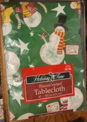Vintage Christmas Tablecloth VINYL FLANNEL BACK SNOWMAN SNOWMEN 60" ROUND NEW
