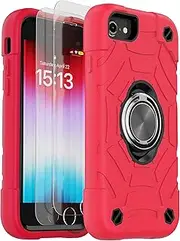 KCJ for iPhone SE Case 2022/2020, iPhone 8/7/6/6S Case, with [2×Screen Protectors][Ring Stand] Soft Silicone+Hard PC Full Body Protection Heavy Duty Phone Case 4.7 inch. (Red+Black)