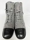 NEW! CHANEL CC Cap-Toe Lace Up Flat Boots Gray Tweed & Black Leather 37.5 EU NWT