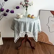 Grey Striped Modern Square Tablecloth, 36x36 Inch, Cotton Linen Blend, Embroidery & Tassel, Stain Resistant, Perfect for Indoor & Outdoor Use