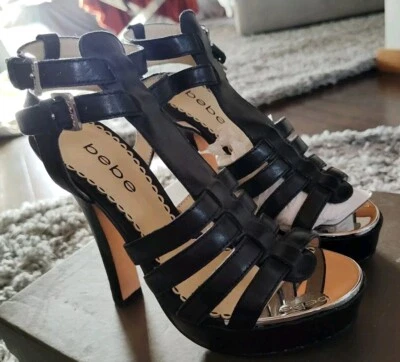 BEBE Heels Pumps Platform Shoes CORSICA Strappy Black Leather Sz 6 NIB NEW