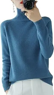 [motyeak] Women's Solid Turtleneck Knit Sweater,Winter Ribbed Knit Warm Wool Loose Long Sleeve Pullover Jumper (Dark Blue,2XL)