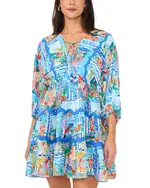 Vince Camuto Printed Tie Front Three Tier Mini Dress