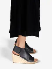 Black Leather Platform Espadrille Wedges