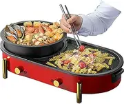 2 in 1 Electric Smokeless Grill and Hot Pot Multifunctional Korean BBQ Grill Shabu Pot Separate Dual Temperature Control Separate Cleaning Large Capacity for 8 People 2200W Red