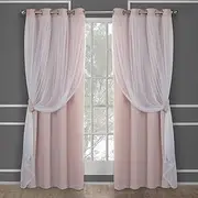Exclusive Home Catarina Layered Solid Room Darkening Blackout and Sheer Grommet Top Curtain Panel Pair, 52"x108", Rose Blush