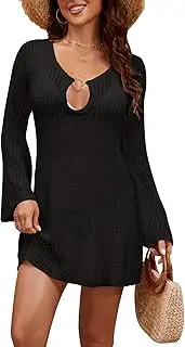 [Alsol Lamesa] Women's Bathing Suit Cover Up Long Sleeve Crochet Beach Dress 2025 Mesh Hollow Out Crochet Cover Up, Black, Large