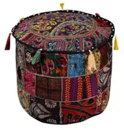Pouf Ottoman Foot Stool Fabric Patchwork Embroidered Puffe Cover Indian Black