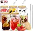 KIVISOYI Drinking Glasses with Bamboo Lids and Glass Straw, 6PCS 16Oz Can Shaped