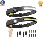2PK Headlamp COB LED Rechargeable Headlight Torch Work Light Bar Head Band Motio