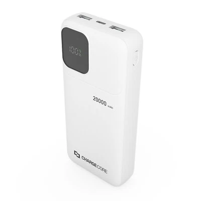 ChargeCore 20000mAh SafeCharge Powerbank USB C LED Display White