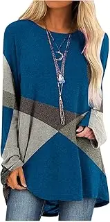 Womens Color Block Blouses 2024 Vintage Ethnic Geometric Print Tshirt Casual Loose Patchwork Long Sleeve Sweatshirt
