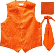 New Men's Paisley Tuxedo Vest Waistcoat & Ascot Cravat & Hankie Wedding Orange