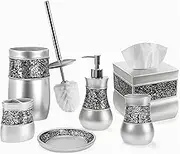 Creative Scents Silver Bathroom Accessories Set - Mosaic Glass 6 Piece Bathroom Set Includes: Toilet Brush and Holder Set, Tissue Box Cover, Toothbrush Holder, Soap Dispenser, Soap Dish & Tumbler