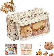 Kawaii Pencil Case, Capybara Pencil Case 9-Layer Large Capacity Wide Opening Cute Pencil Case with 20 Stickers, 1 Memo Pad, 1 Keychain, 1 Plush & 2 Brooch Capybara School Supplies