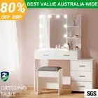 Artiss Dressing Table Makeup Mirror Stool Set Vanity LED Desk White