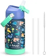 rockpapa Kids Insulated Water Bottle with Straw, BPA-Free, 18/8 Stainless Steel, Leak Proof, 14OZ Metal Cup Water Bottle for School Boys Girls (Blue Dinosaur)