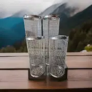 NEW SET OF 4 STAINLESS STEEL GRILL FIRE ROASTING ROLLER BASKETS WITH PICKUP TOOL