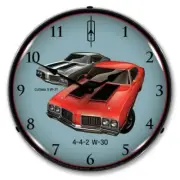 Retro 1970 Oldsmobile Cutlass 442 W-30 & W-31 LED Lighted Backlit Wall Clock NEW