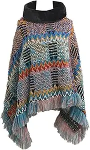 [Pocadri] Women's Fall Winter Boho Shawl Wraps Fluffy Turtleneck Poncho Capes Knitted Fringed Loose Fit Sweater Tops Pullover Blanket