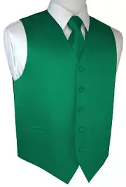 MEN'S GREEN SATIN TUXEDO VEST, TIE & HANKIE SET. WEDDING PROM FORMAL HOMECOMING